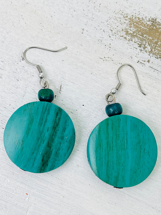 Wood Disc Earrings - Turquoise