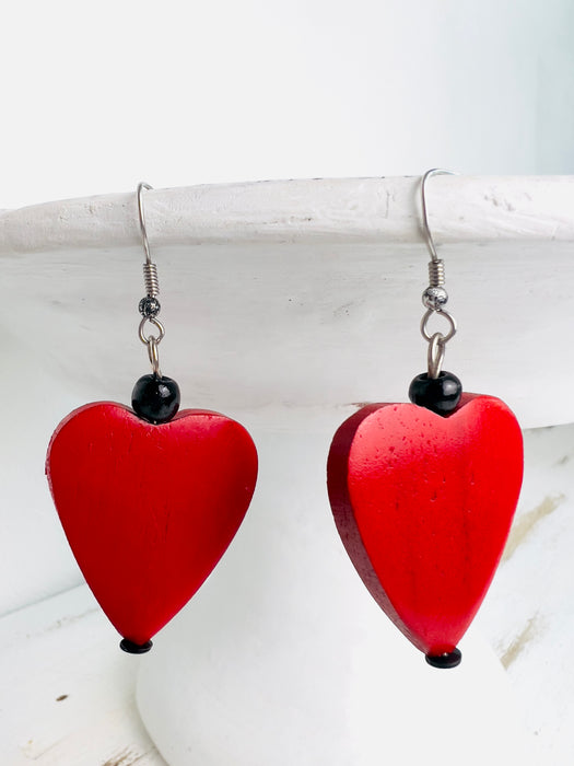 Wood Heart Earrings - Red