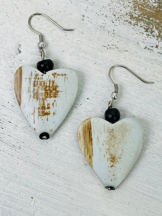 Wood Heart Earrings - White Wash