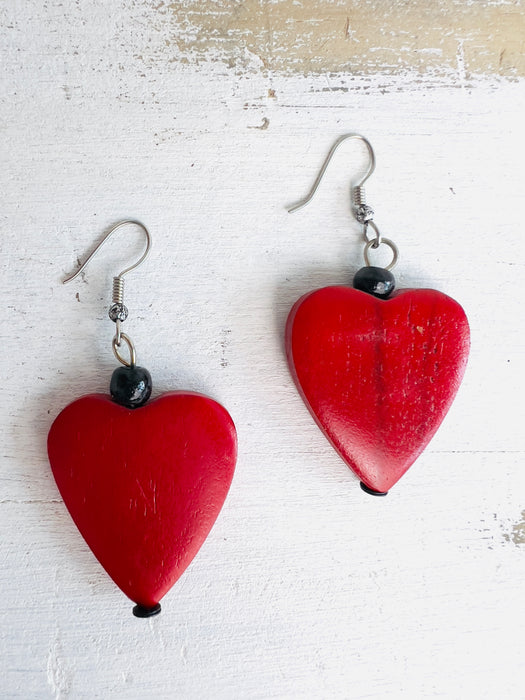 Wood Heart Earrings - Red