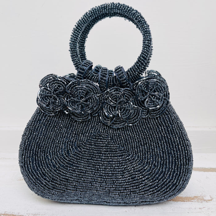 Rose Beaded Handbag - Gunmetal