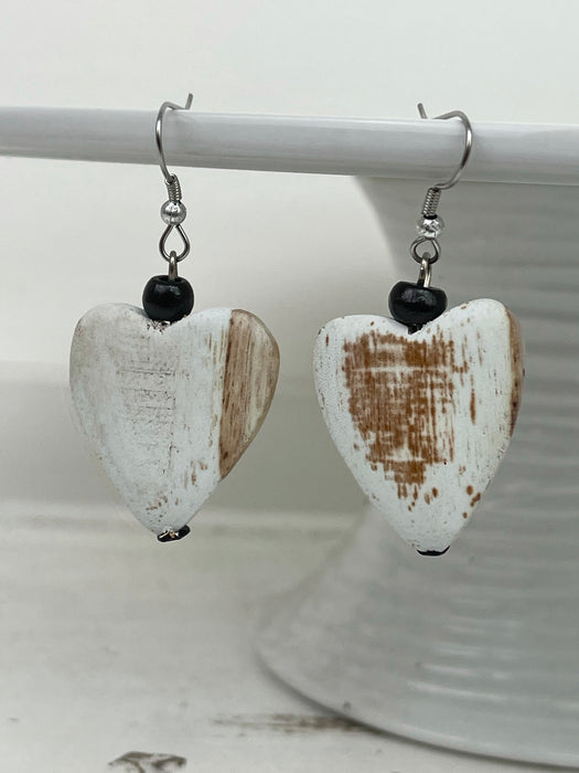 Wood Heart Earrings - White Wash