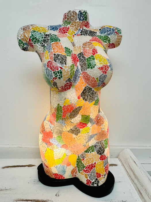 front view of mosaic bust lamp with light on