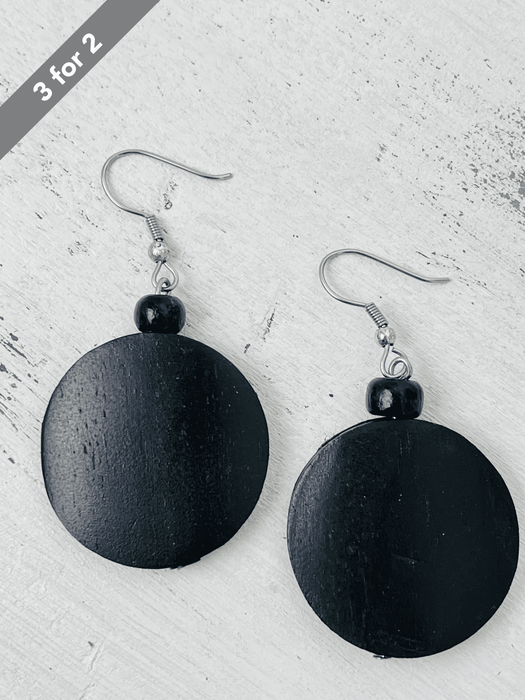 Wood Disc Earrings - Black~ ALL JEWELLERY 3 FOR 2