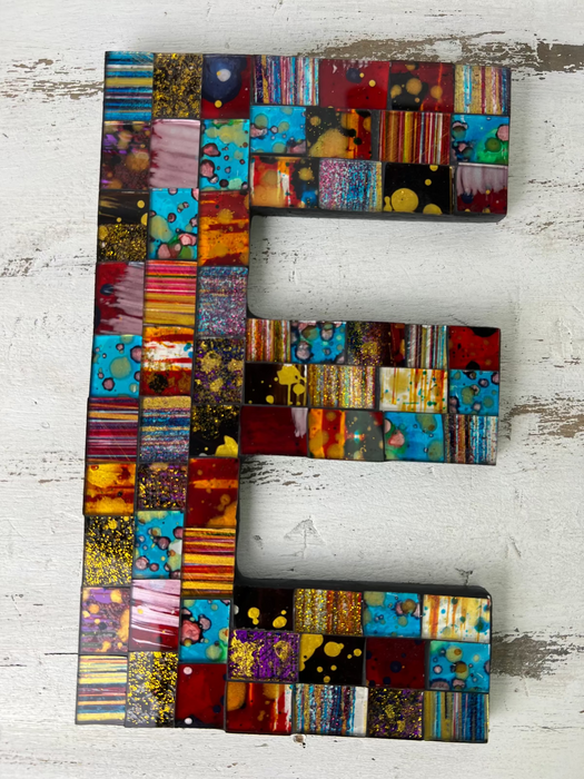 close up of letter E from mosaic love