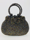 front view of beaded handbag with beaded flowers on