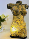 Handmade mosaic bust lamp in yellow and grey glass – free-standing torso light with E27 bulb holder, MDF base and UK plug.