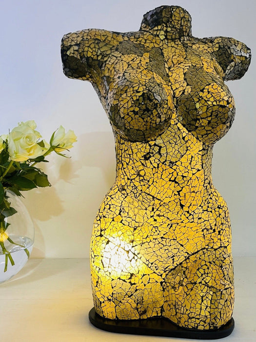 Handmade mosaic bust lamp in yellow and grey glass – free-standing torso light with E27 bulb holder, MDF base and UK plug.