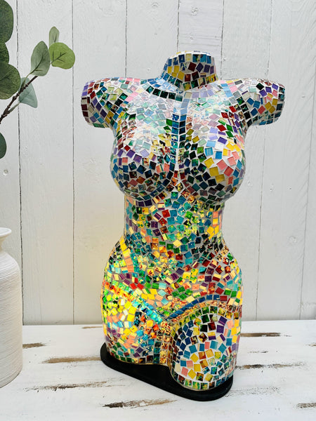 Handmade mosaic bust lamp in rainbow colours – glass torso light with E27 bulb holder and UK plug.