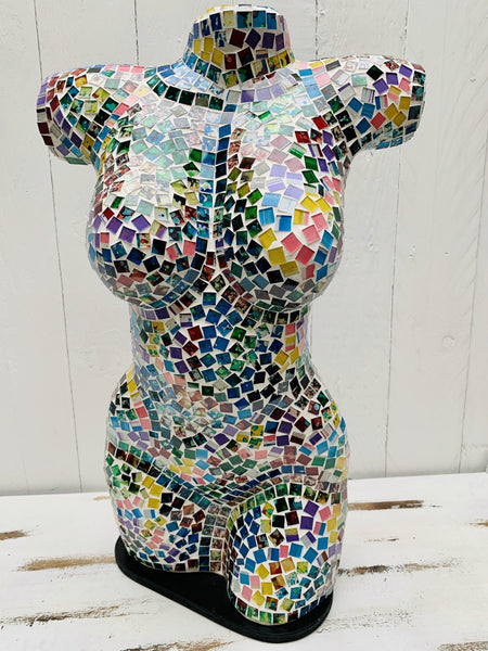 Handmade mosaic bust lamp in rainbow colours – glass torso light with E27 bulb holder and UK plug.