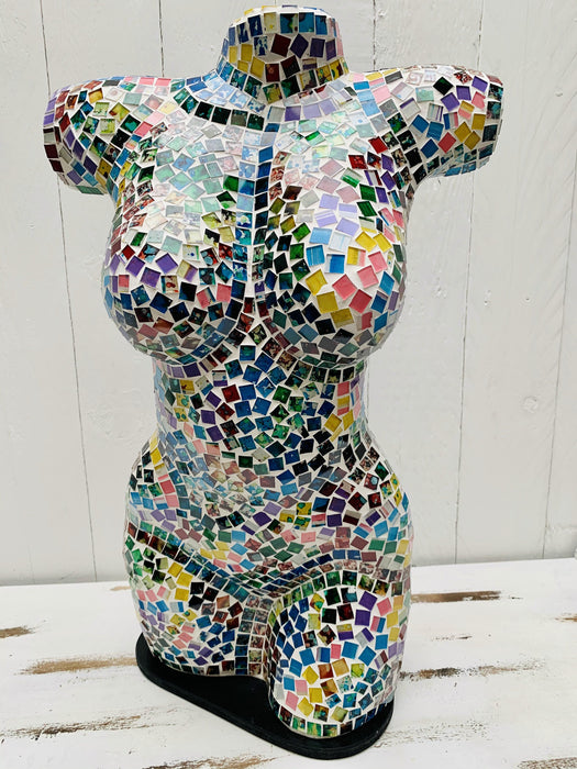 Handmade mosaic bust lamp in rainbow colours – glass torso light with E27 bulb holder and UK plug.