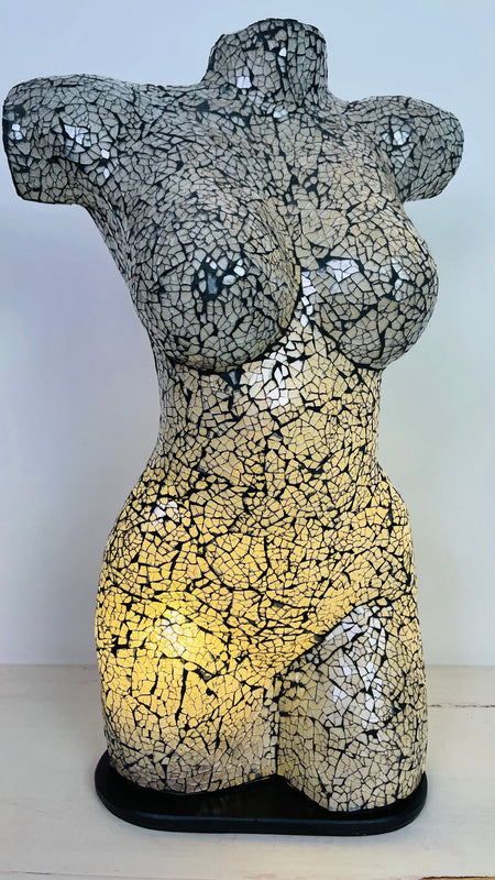 front view of mosaic bust lamp with light on