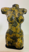 Handmade mosaic bust lamp in yellow and grey glass – free-standing torso light with E27 bulb holder, MDF base and UK plug.