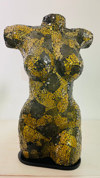 Handmade mosaic bust lamp in yellow and grey glass – free-standing torso light with E27 bulb holder, MDF base and UK plug.