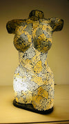 Handmade mosaic bust lamp in yellow and grey glass – free-standing torso light with E27 bulb holder, MDF base and UK plug.