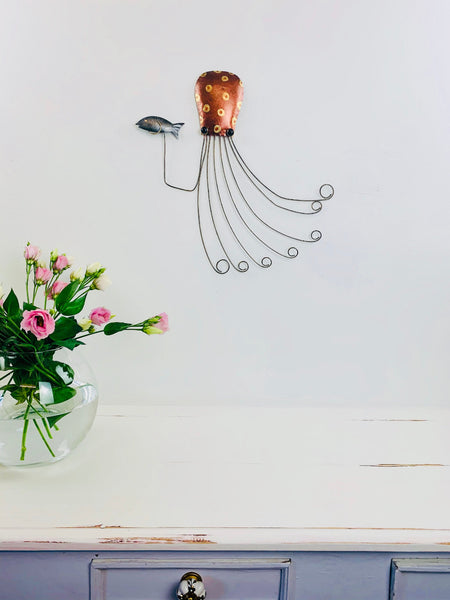 Large hand-painted copper metal octopus wall decoration with long curled tentacles