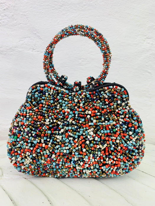 front view of beaded handbag in multi