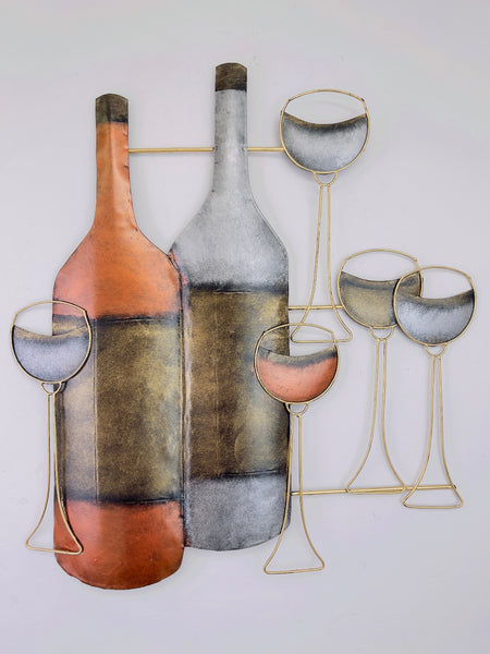 Handmade metal wine bottle and glass wall art with gold, silver and copper accents