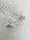 A pair of daisy flower stud earrings with white petals and a gold-colored center, displayed against a textured white background.